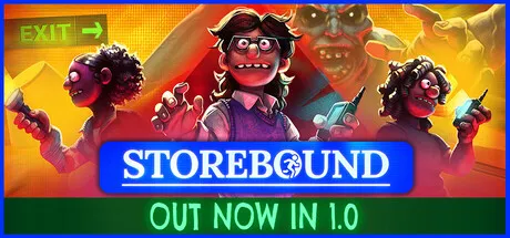 Storebound store art: three cartoon shoppers with a flashlight and walkie-talkies, a monster looming behind them and an exit sign