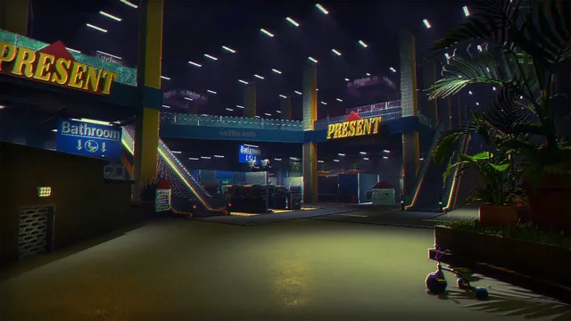 Storebound screenshot: the empty megastore at night with escalators, signs to the bathroom and potted plants