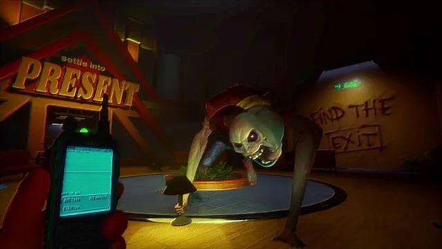 Storebound screenshot: a gaunt, grinning crawling creature on a display platform, beside a Find the Exit sign scrawled on the wall, as a player holds a walkie-talkie