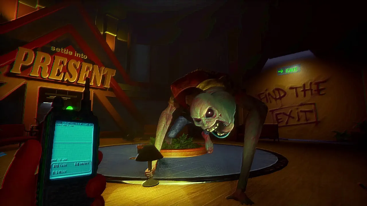 Storebound screenshot: a gaunt, grinning crawling creature on a display platform, beside a Find the Exit sign scrawled on the wall, as a player holds a walkie-talkie