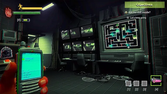 Storebound screenshot: a security room with camera monitors and a maze on a screen, a walkie-talkie in hand and objectives listed