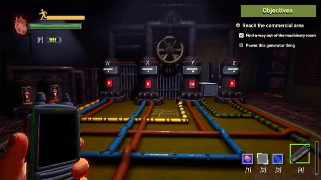 Storebound screenshot: a machinery room puzzle of coloured pipes and numbered valves to power a generator