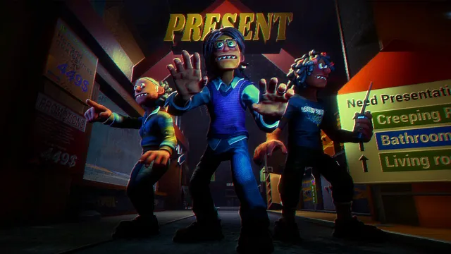 Storebound screenshot: three cartoonish shoppers react in fear under a Present sign in the dark megastore