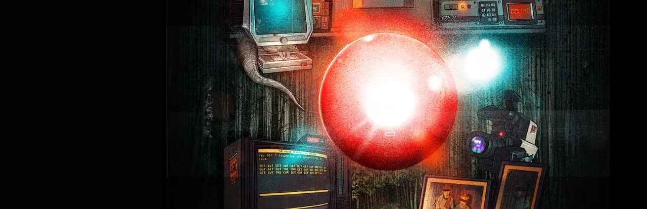 Stories Untold art: a glowing red orb among 1980s computers, a radio, a camcorder and family photos