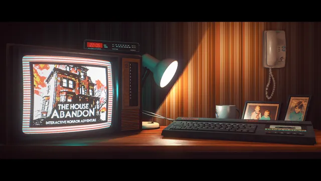 An old television showing The House Abandon, interactive horror adventure, beside a home computer keyboard, a lamp and family photos