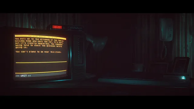 A dark room with a television showing text from The House Abandon about a neglected family holiday home