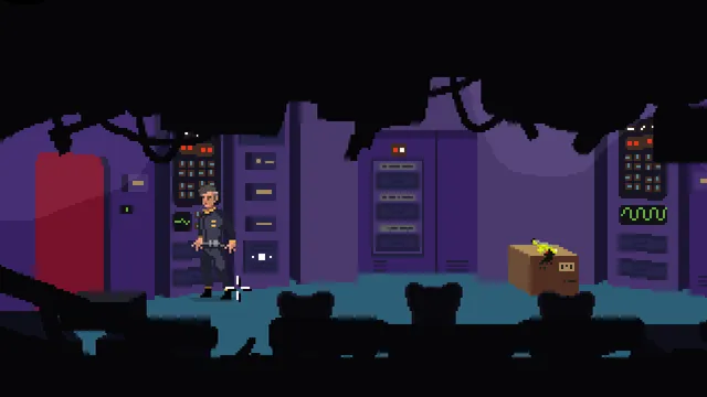 Stowaway screenshot: the pilot in a dark purple server room with a red door and a box on the floor