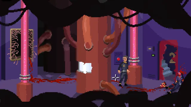 Stowaway screenshot: the pilot stands in a purple reactor room with blood on the floor and fleshy pipes around a central column