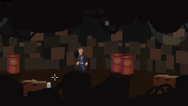 Stowaway screenshot: the pilot in a dim cargo hold with rusty barrels and crates