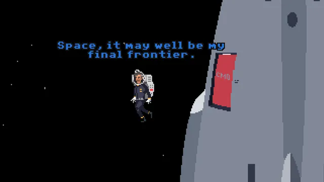Stowaway screenshot: the pilot floats in a spacesuit beside the ship's hull, saying Space, it may well be my final frontier