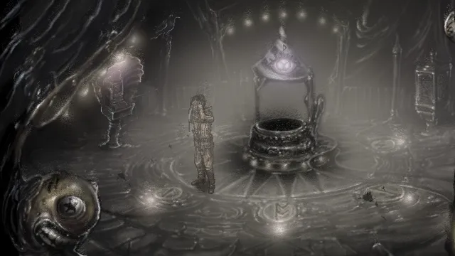 A grey circular chamber with a well at its centre, a one-eyed creature watching from the edge