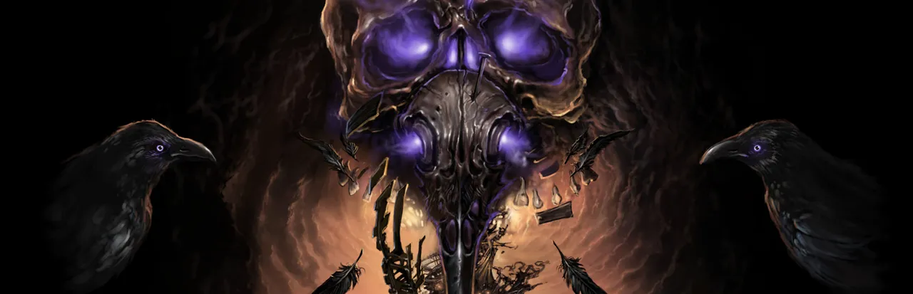 Strangeland key art: a huge metal skull with glowing violet eyes between two ravens, over a fiery dark