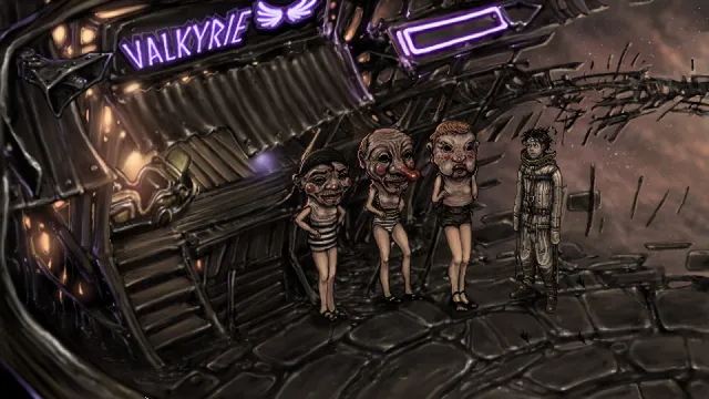 Three masked figures in sideshow costumes stand by the Valkyrie ride beside the hero