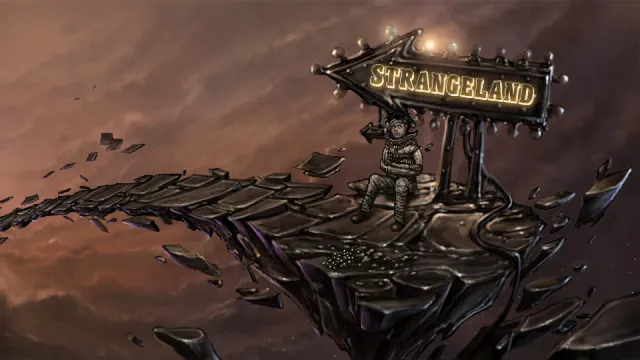 A lone figure sits under a glowing Strangeland arrow sign on a broken track floating in an orange sky