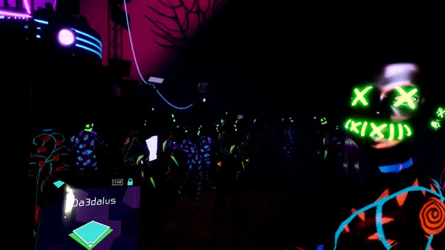 A crowd of neon-painted dancers in the dark, with a masked raver in the foreground and a phone open on a chat from a user named Da3dalus
