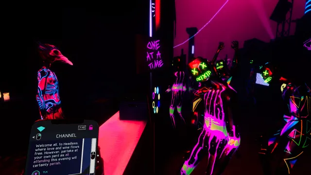 Ravers in glowing neon body paint and X-eyed masks dance under a One at a time sign, while a phone shows the organisers' message that all attending will perish