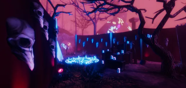 A glowing ritual circle among dead trees in a red mist, with bird-like skulls mounted on the walls around it