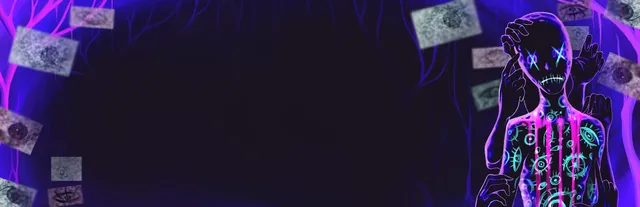 Strobophagia key art: a figure with neon symbols painted on its body and a stitched X-eyed mask, against purple light and scattered paper