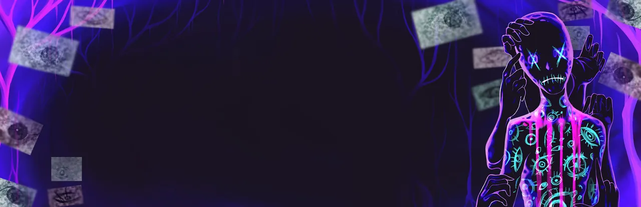 Strobophagia key art: a figure with neon symbols painted on its body and a stitched X-eyed mask, against purple light and scattered paper