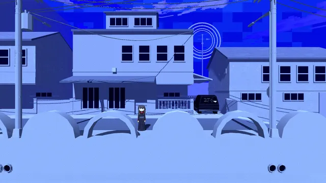 A tiny figure on a pale blue school rooftop under power lines