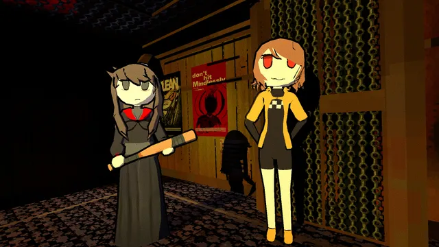 Two schoolgirls, one holding a bat, in a dim hallway beside a poster