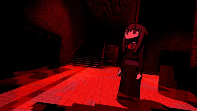A dark-haired girl in a school uniform standing in a corridor flooded with red light