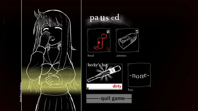 The pause screen: a sketch of Becky, a heal, ammunition and Becky's bat