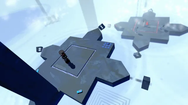 Floating stone platforms in a white void, seen from above
