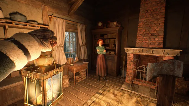A red-haired woman stands in a lamplit wooden cabin with a brick fireplace, seen over the player's lantern