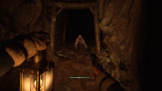 A pale crouching creature waits in a dark mine tunnel, lit by the player's lantern