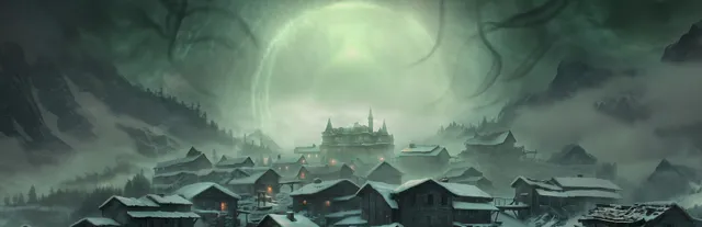 Stygian: Outer Gods art: a snowy village of wooden houses beneath a glowing green vortex in the sky, a mansion on the hill beyond