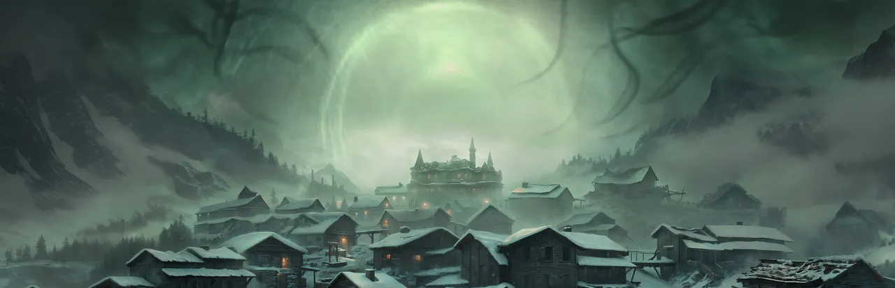 Stygian: Outer Gods art: a snowy village of wooden houses beneath a glowing green vortex in the sky, a mansion on the hill beyond