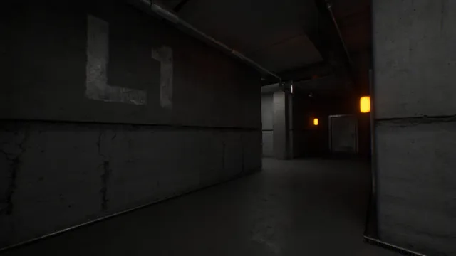 An empty concrete car park level marked L1 with dim orange lamps