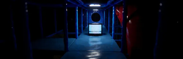 Subliminal key art: a blue-lit tunnel of an empty children's play frame leading to a glowing TV screen