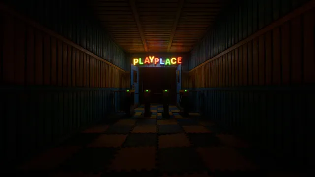 A dark corridor of foam floor mats leading to a neon PLAYPLACE sign
