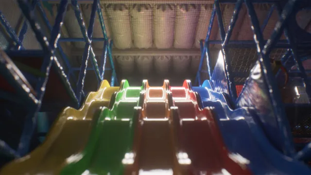 A row of yellow, green, orange and red slides inside an empty indoor play structure