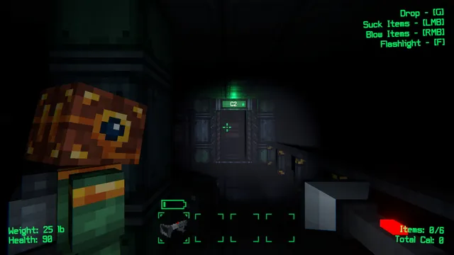 Subterror screenshot: a crewmate with a lamp-like round head in a dark corridor
