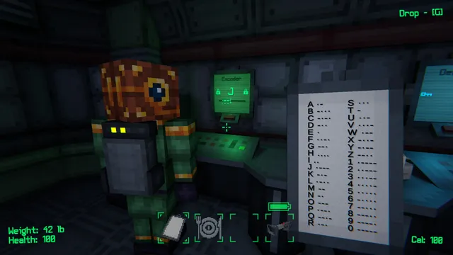Subterror screenshot: a crewmate stands in a red-lit room beside a sign reading Feed the Monster