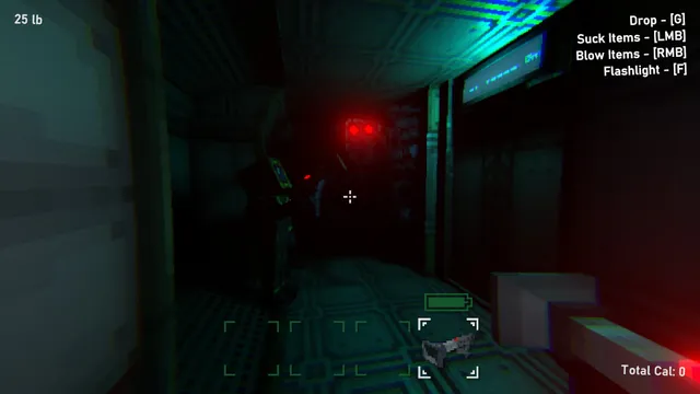 Subterror screenshot: a pair of red eyes glow in a dark teal corridor of the underwater facility