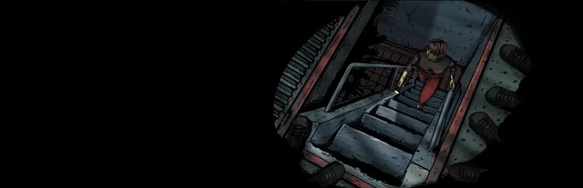 Subversive Memories key art: in comic-book style, Renata descends a dark metal stairway with a flashlight while soldiers' boots stand around the edges