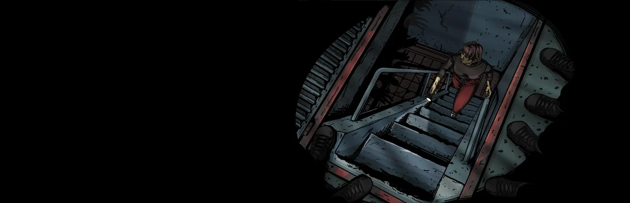 Subversive Memories key art: in comic-book style, Renata descends a dark metal stairway with a flashlight while soldiers' boots stand around the edges