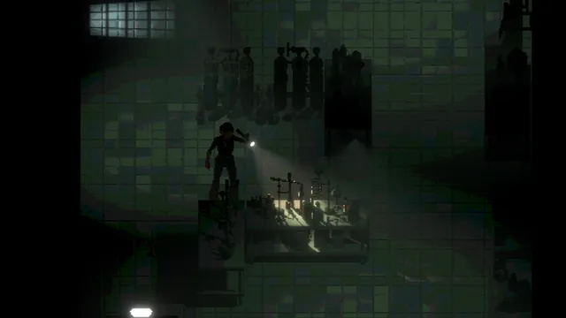Subversive Memories screenshot: Renata shines a flashlight across a lab bench of glassware in a dark tiled room with figures silhouetted against the wall