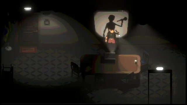 Subversive Memories screenshot: a huge shadow holding a club looms on the wall behind Renata in a dark meeting room