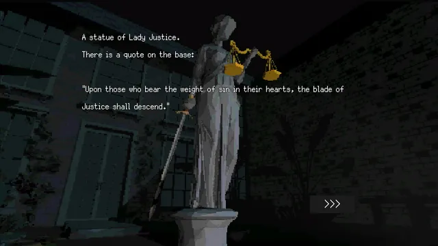 Subversive Memories screenshot: a statue of Lady Justice with sword and scales, with a quote about the blade of justice shown on screen