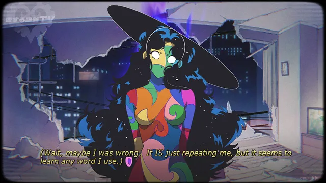 Hheily stands in the broken apartment wall in front of the night city as the narrator remarks that she repeats every word
