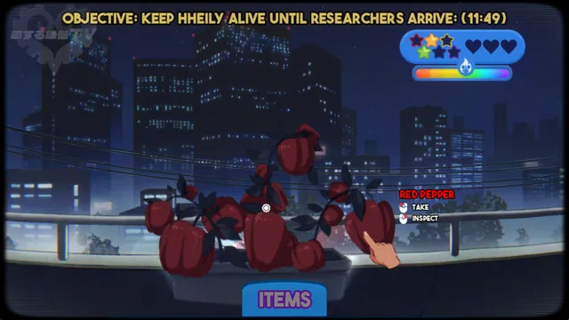 The apartment balcony at night with an objective to keep Hheily alive until researchers arrive, a timer and a red pepper to take