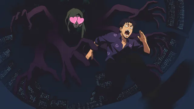 Huge shadowy hands reach toward a terrified man while a hooded figure with heart-shaped eyes watches