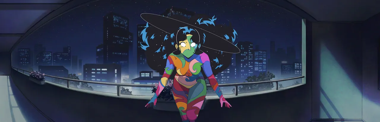 Sucker for Love: Crush Landing key art: Hheily, a woman with a green face, swirling rainbow body and a wide black hat, stands in a night-time apartment above the city