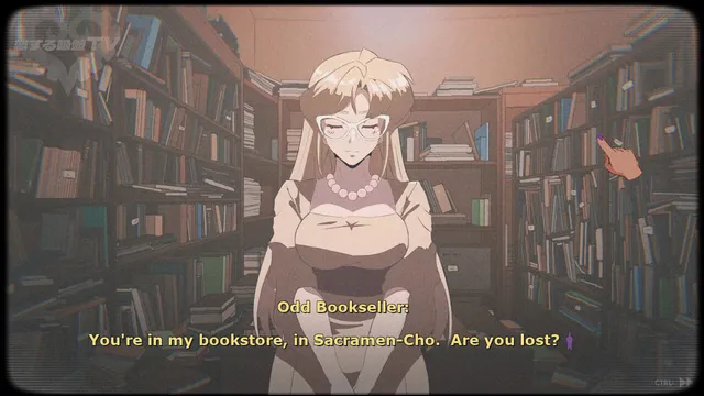 An odd bookseller with glasses stands in a cluttered bookstore asking if you are lost
