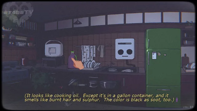 A dim kitchen where a gallon of black oil smelling of burnt hair and sulphur sits by the sink